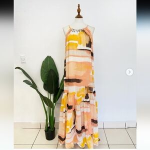 Beaded Strapless Dress in Orange and Cream